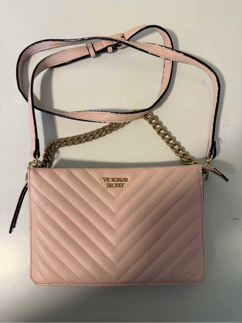 Victoria's Secret Light Pink Quilted Crossbody with Gold Chain